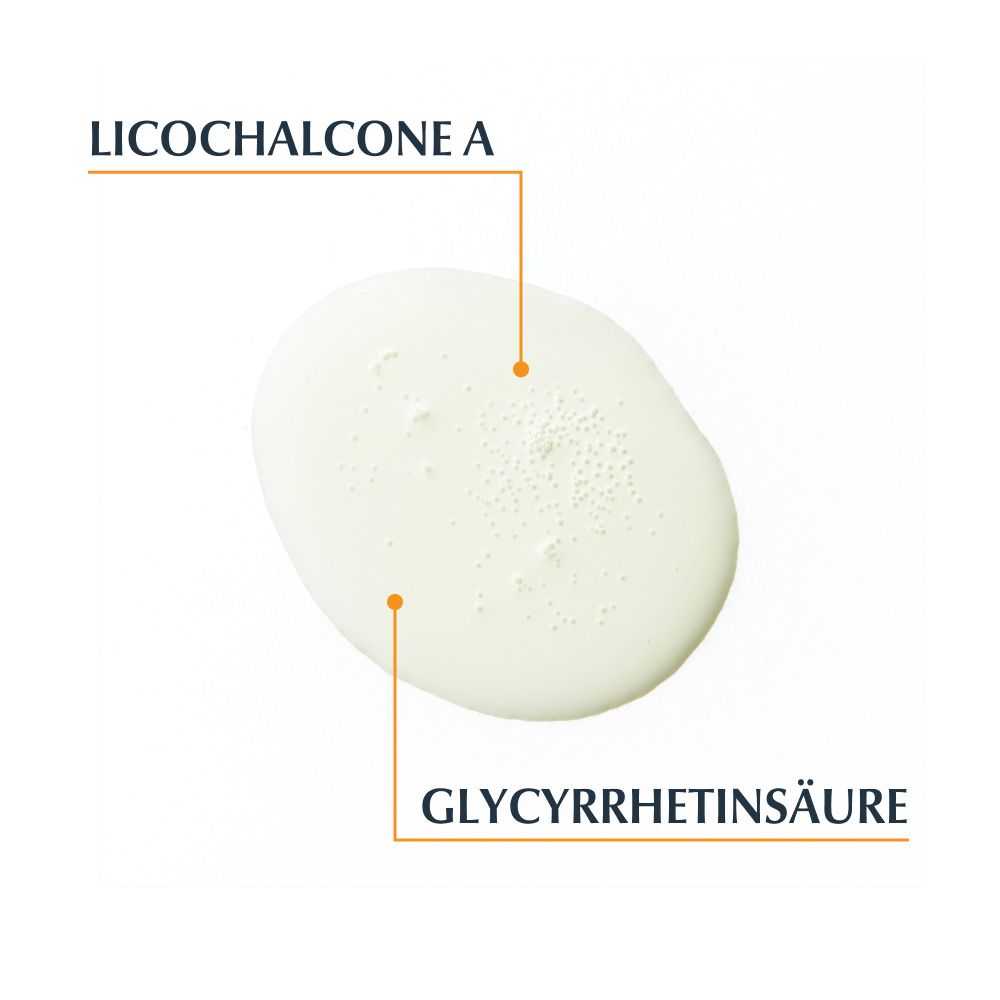 Gros plan sur des gouttes de liquide. Légendes : Licochalcone A, Acide glycyrrhétinique.