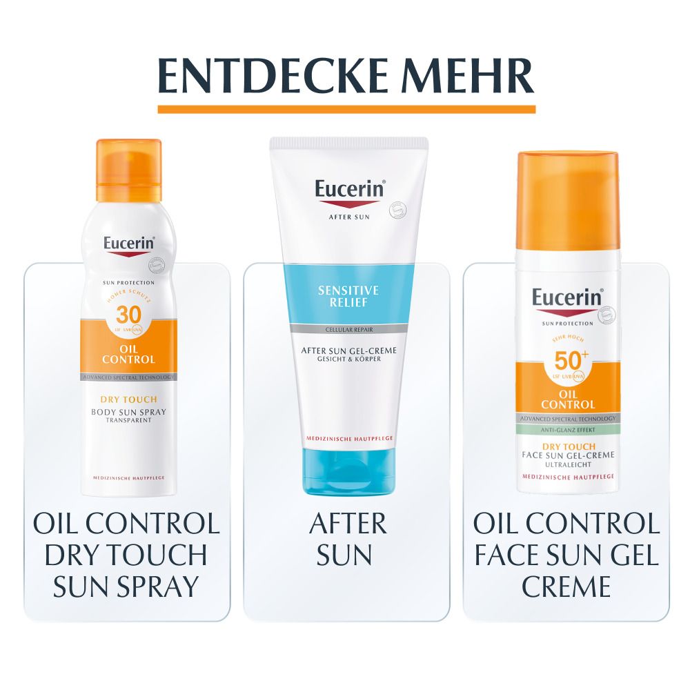 Trois produits Eucerin : Oil Control Dry Touch Spray 30, After Sun, Oil Control Face Sun Gel Creme.