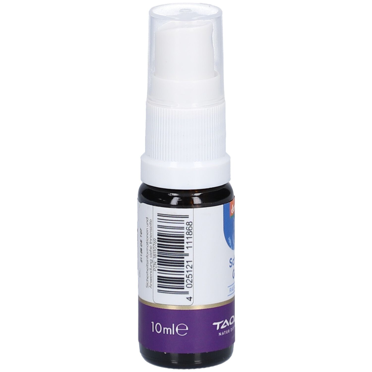 Braune Glasflasche mit weißem Sprühkopf. Aufschrift: Schlaf Gut, Raumspray. Barcode und 10ml. Lila Etikett mit TAOASIS-Logo.