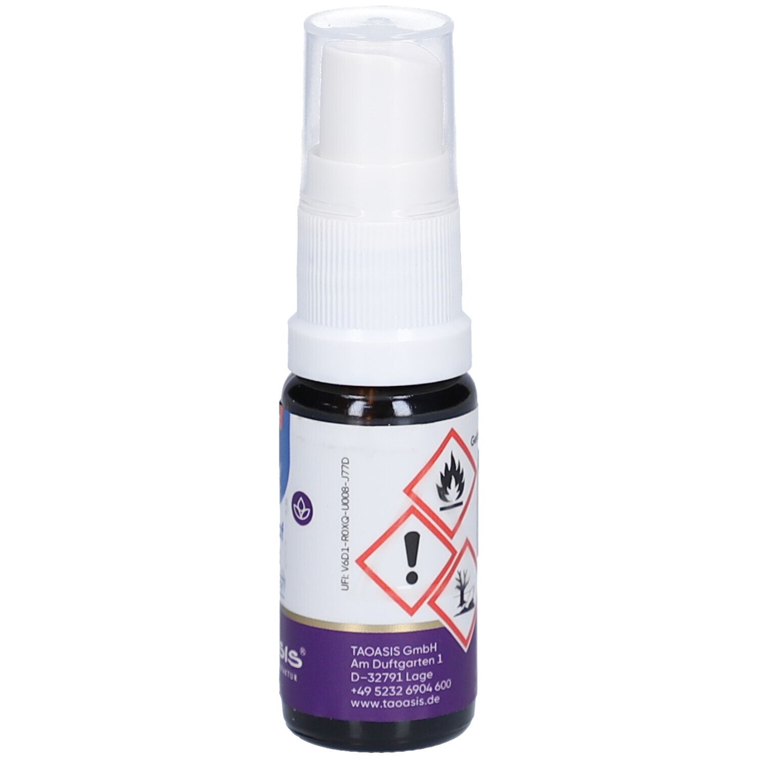Braune Glasflasche mit weißem Sprühkopf. Gefahrensymbole. Aufschrift: Schlaf Gut, Raumspray. Lila Etikett mit TAOASIS-Logo und Adresse.