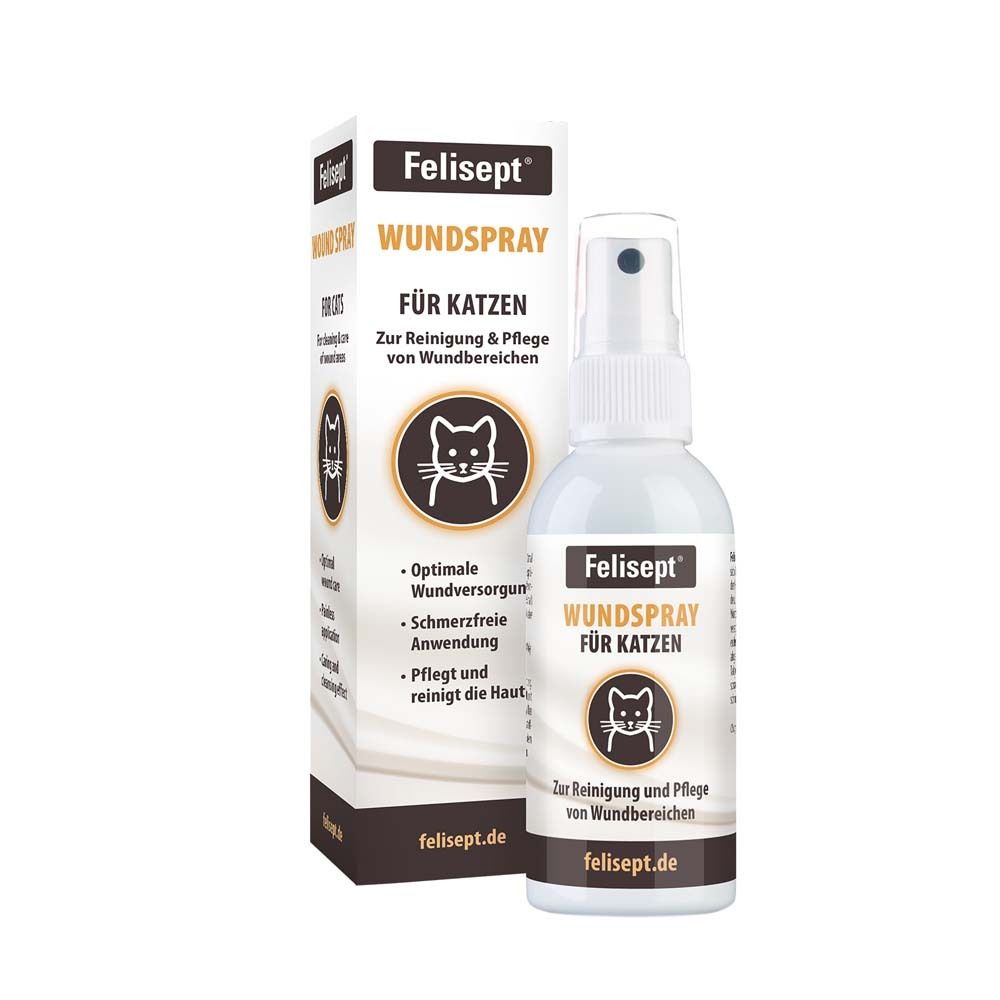 Felisept Wundspray für Katzen. Flasche und Verpackung. Aufschrift: Wundspray, für Katzen. Logo: Katze.
