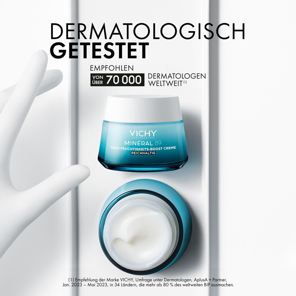 Tiegel und Hände. Text: Dermatologisch getestet. Empfohlen von über 70.000 Dermatologen weltweit. (1) Umfrage unter Dermatologen.