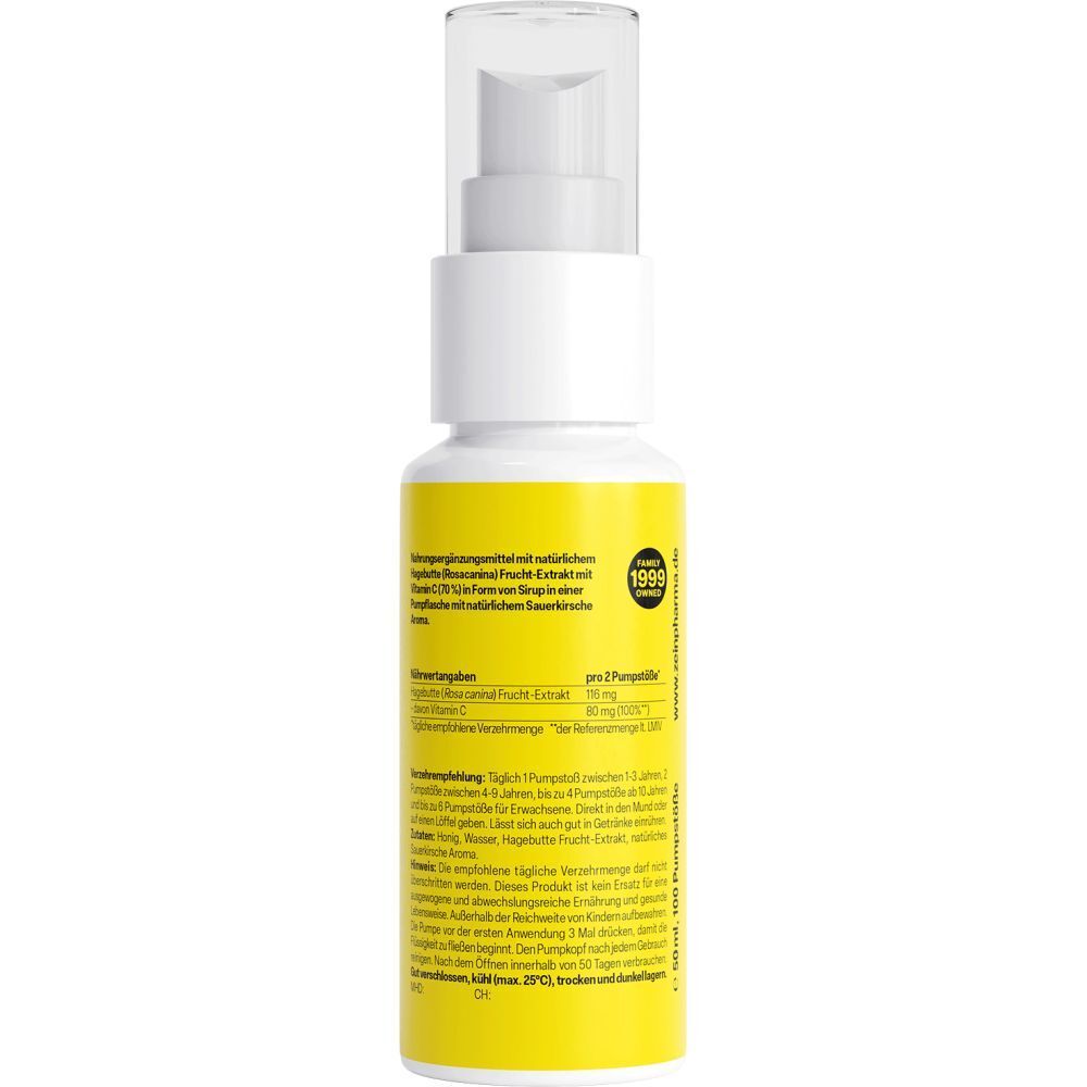 Dos ZeinPharma Sirop Vitamine C 80mg flacon avec instructions d'utilisation et ingrédients. Fabriqué en Allemagne.