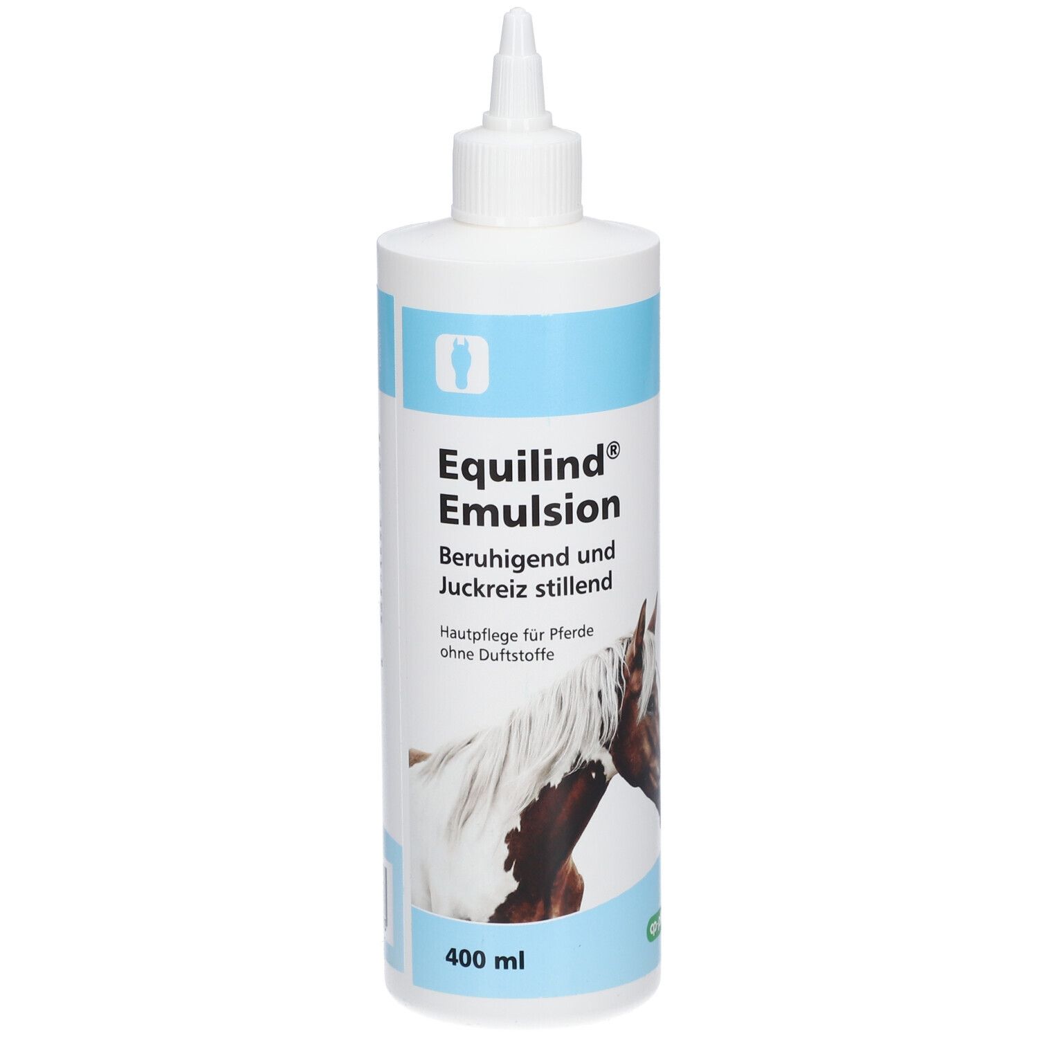 Weiße Flasche mit blauer Banderole. Aufschrift: Equilind® Emulsion. Abbildung eines Pferdekopfes. 400 ml.