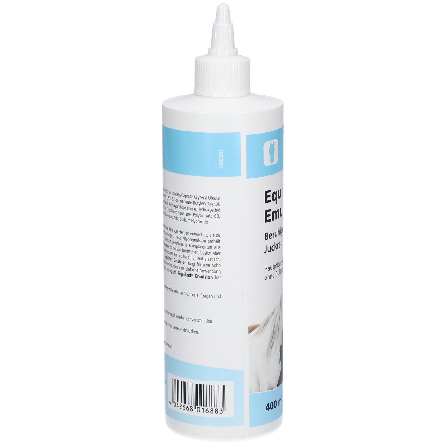 Weiße Flasche mit blauer Banderole. Text und Barcode. Rückseite mit Inhaltsstoffen und Anwendungshinweisen.
