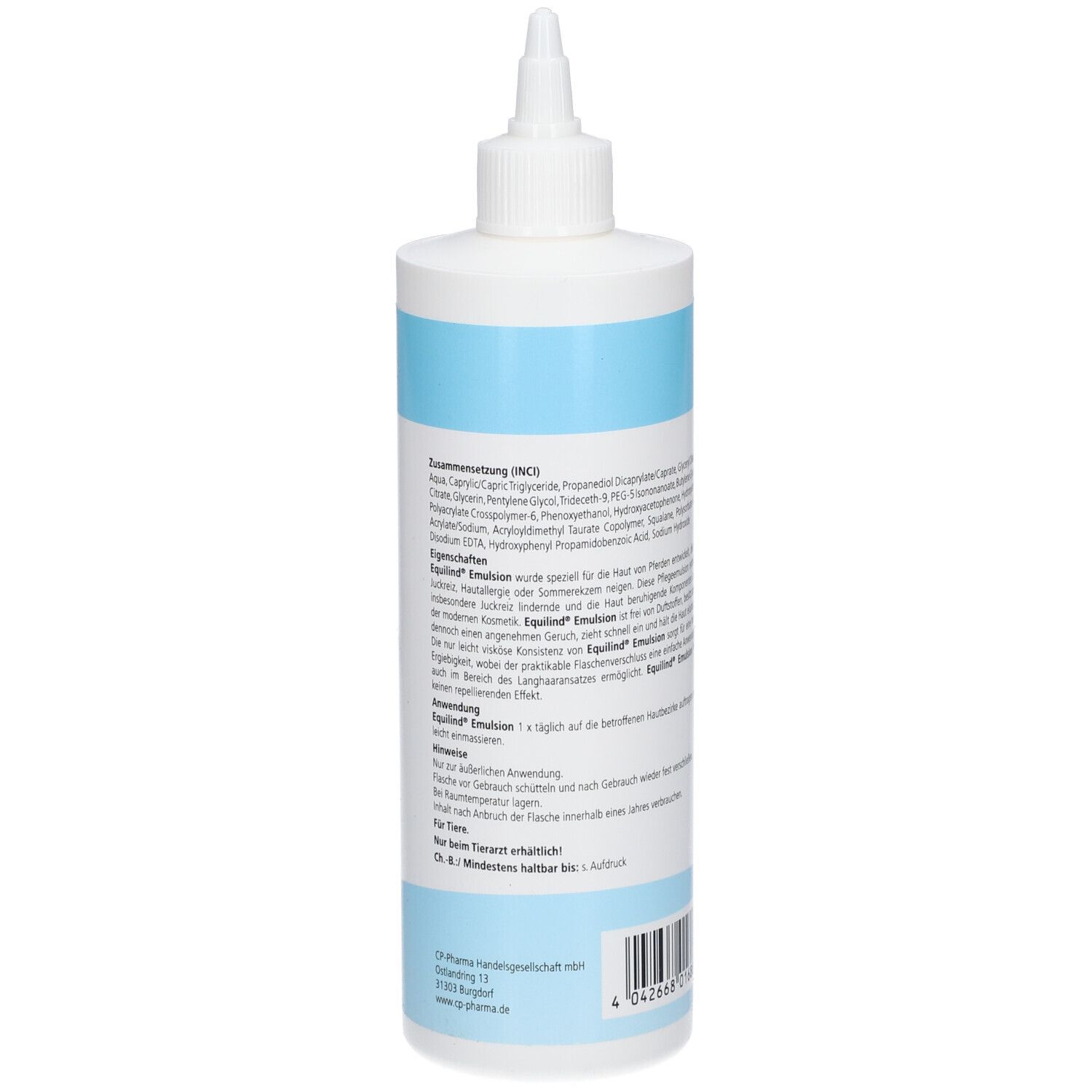 Weiße Flasche mit blauer Banderole. Rückseite mit Inhaltsstoffen und Anwendungshinweisen. Text in deutscher Sprache.