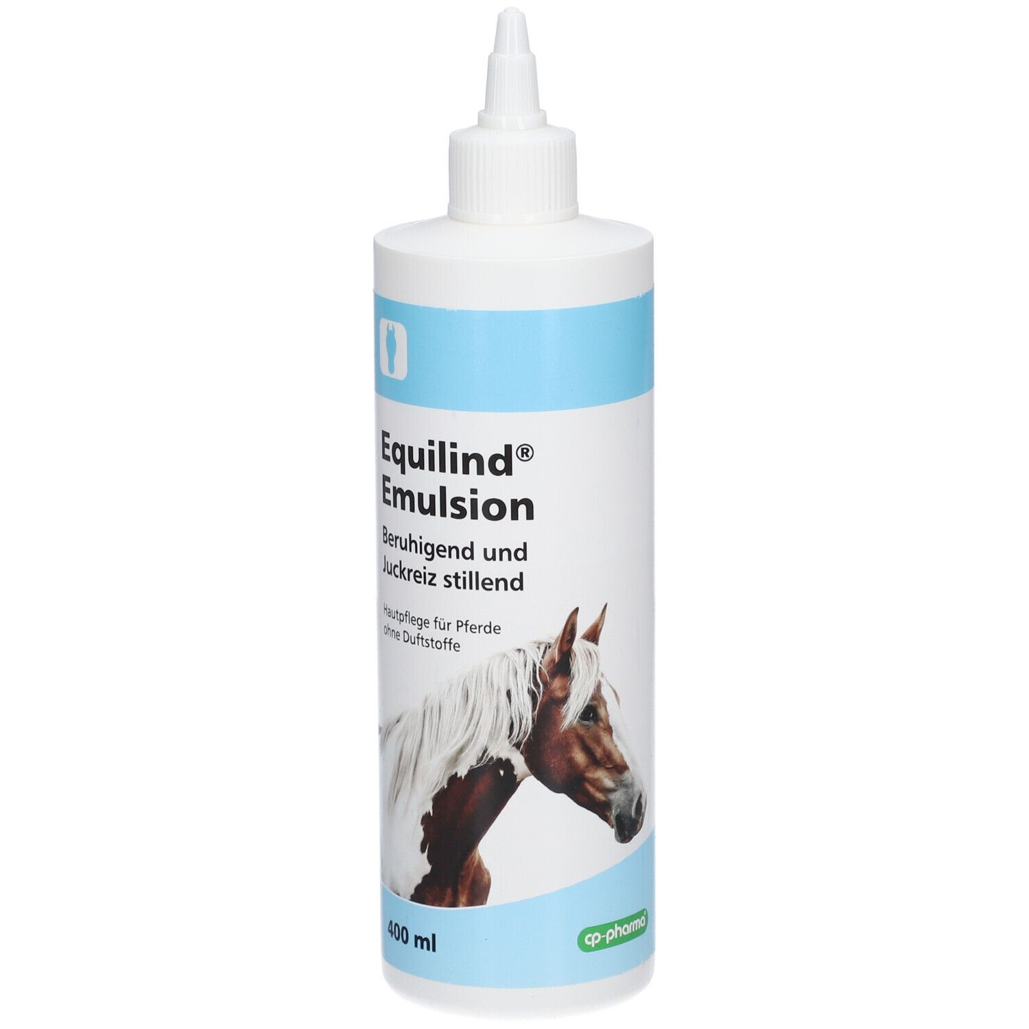 Weiße Flasche mit blauer Banderole. Aufschrift: Equilind® Emulsion. Abbildung eines Pferdekopfes. 400 ml.