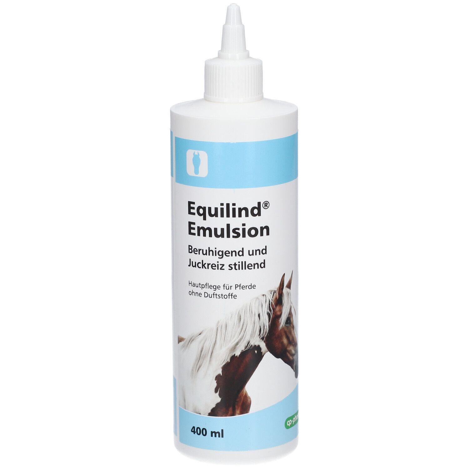 Weiße Flasche mit blauer Banderole. Aufschrift: Equilind® Emulsion. Abbildung eines Pferdekopfes. 400 ml.