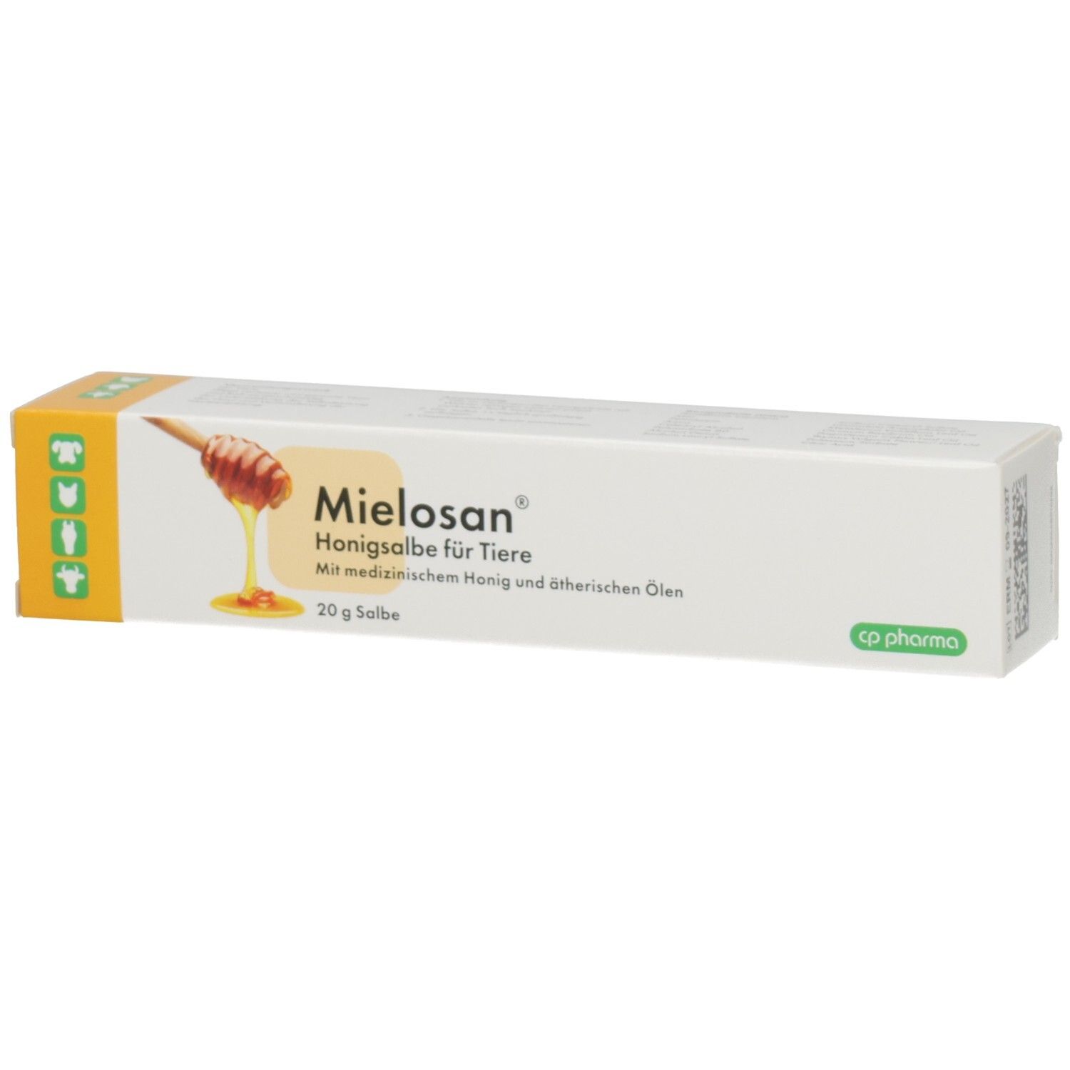 Weiße Schachtel mit Produktaufdruck. Aufdruck: Mielosan Honigsalbe für Tiere. Logo und Text in Deutsch. 20 g Salbe.