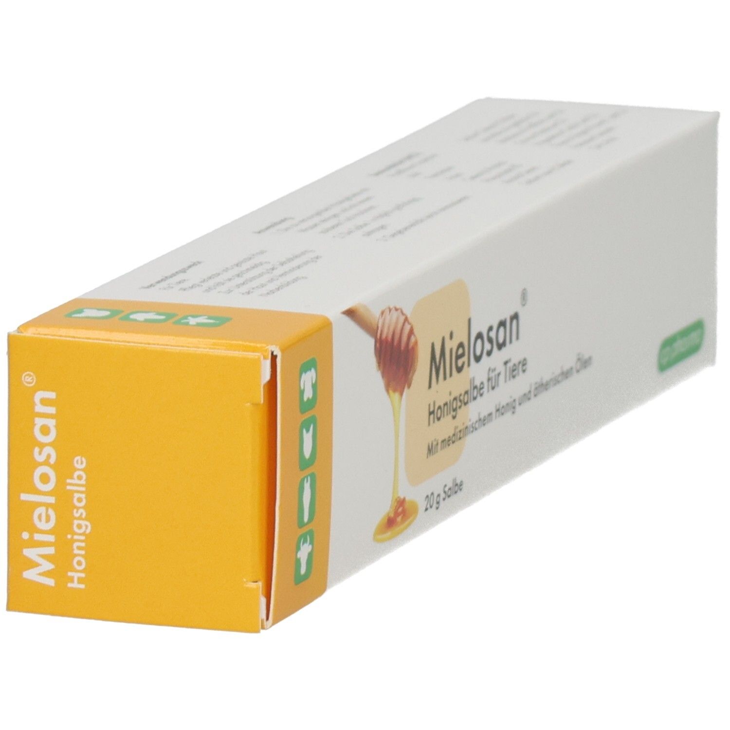 Schachtel, teilweise gelb, mit Produktaufdruck. Aufdruck: Mielosan Honigsalbe für Tiere. Logo und Text in Deutsch. 20 g Salbe.