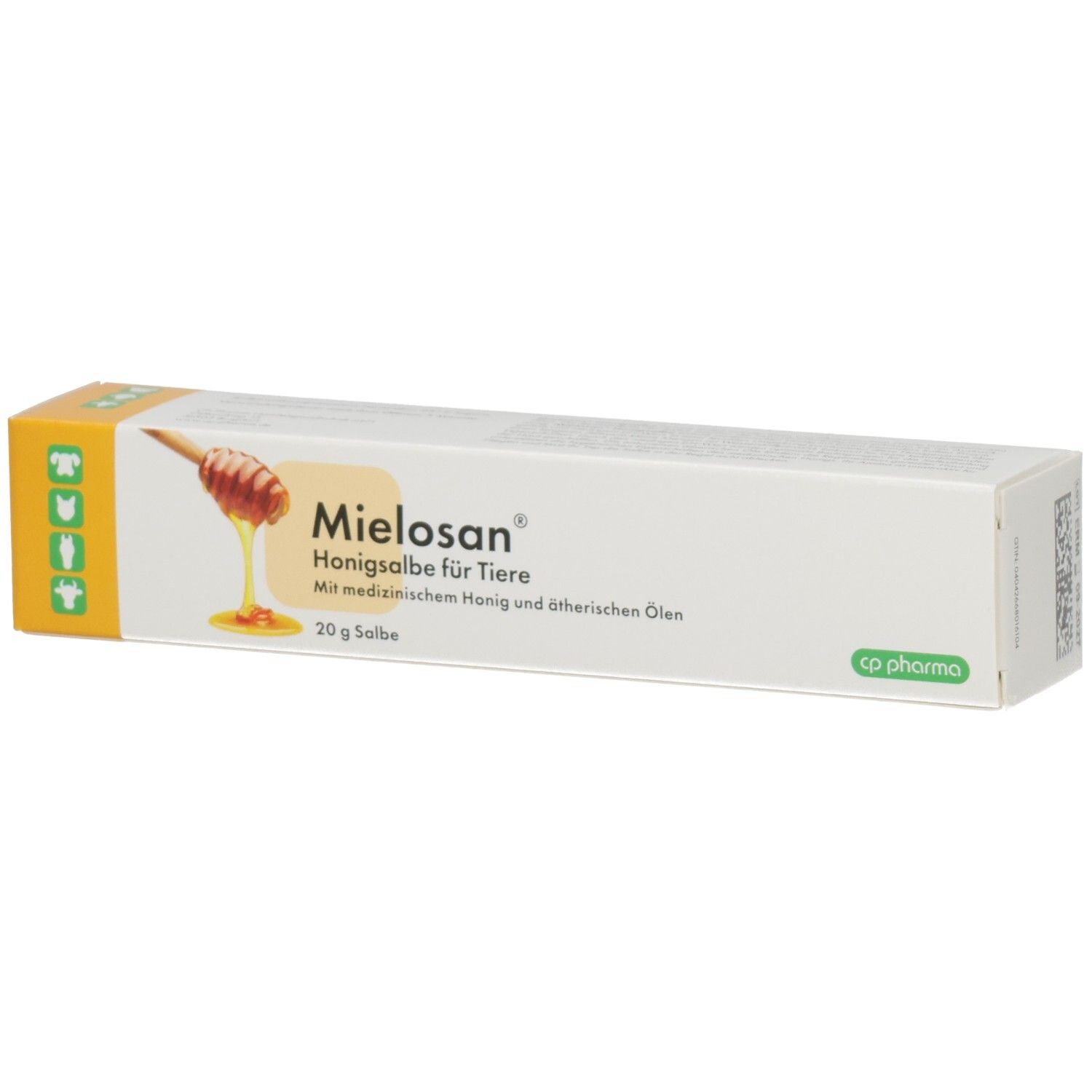 Weiße Schachtel mit Produktaufdruck. Aufdruck: Mielosan Honigsalbe für Tiere. Logo und Text in Deutsch. 20 g Salbe.