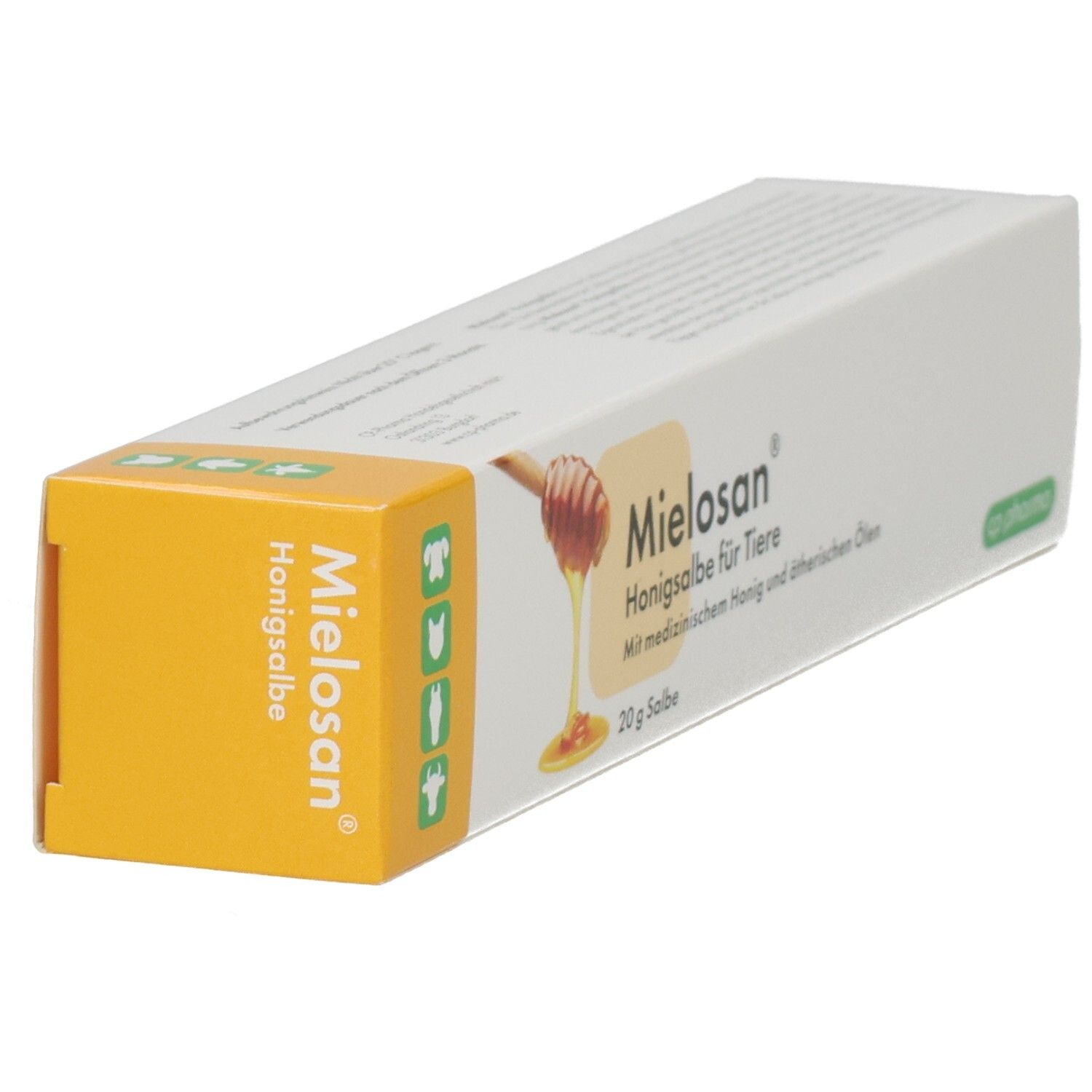Schachtel, teilweise gelb, mit Produktaufdruck. Aufdruck: Mielosan Honigsalbe für Tiere. Logo und Text in Deutsch. 20 g Salbe.
