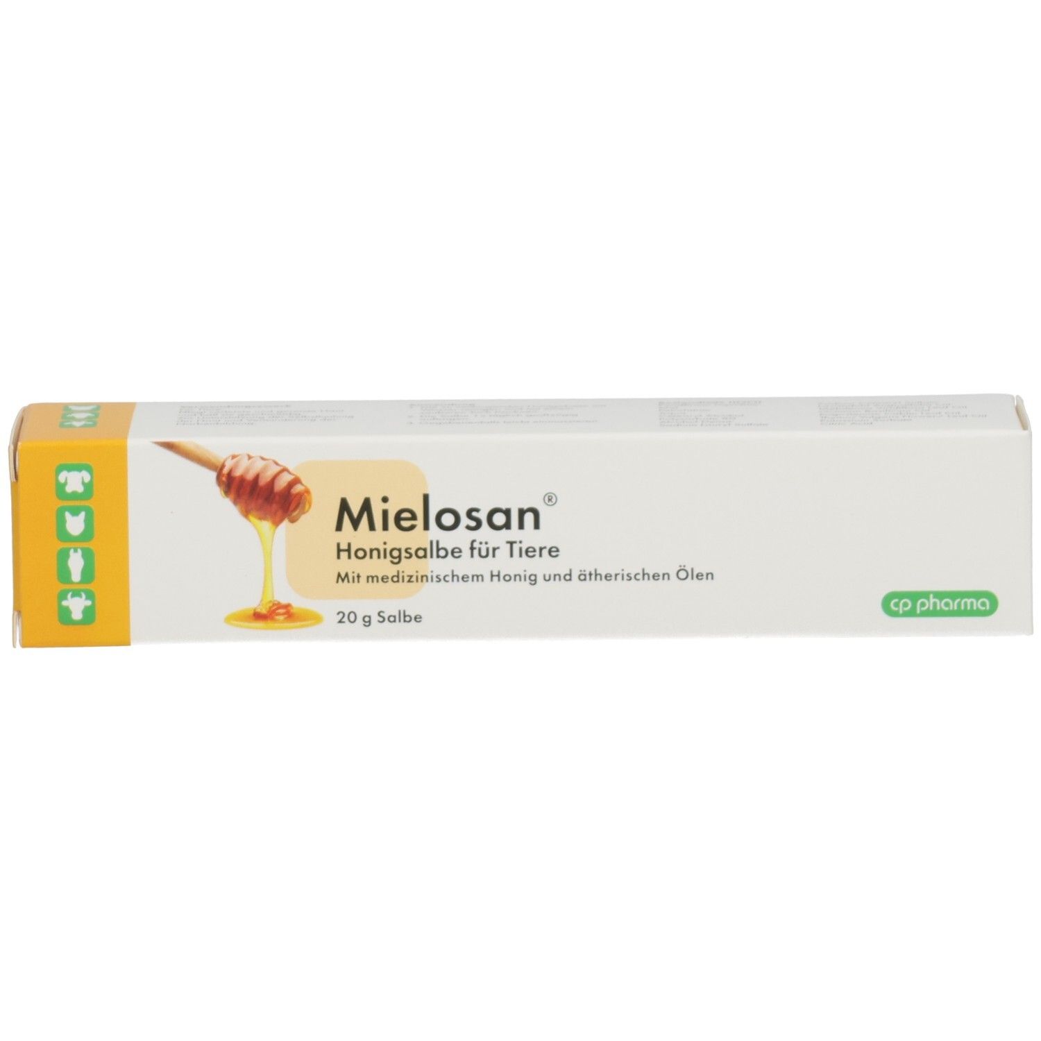 Weiße Schachtel mit Produktaufdruck. Aufdruck: Mielosan Honigsalbe für Tiere. Logo und Text in Deutsch. 20 g Salbe.