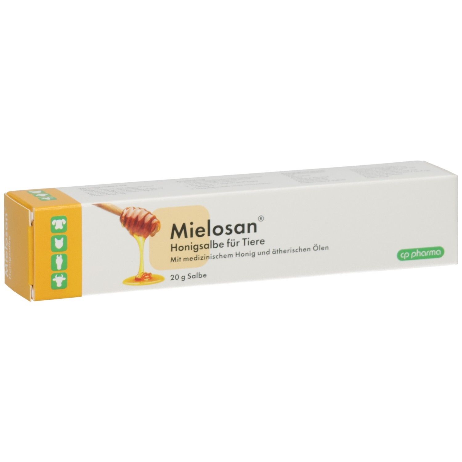 Weiße Schachtel mit Produktaufdruck. Aufdruck: Mielosan Honigsalbe für Tiere. Logo und Text in Deutsch. 20 g Salbe.
