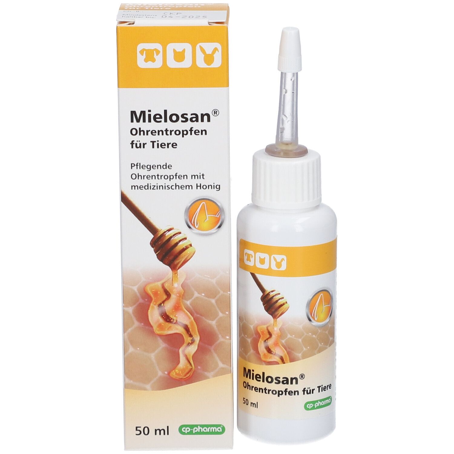 Produktverpackung mit Flasche und Karton. Aufschrift: Mielosan Ohrentropfen für Tiere. Honig-Illustration.