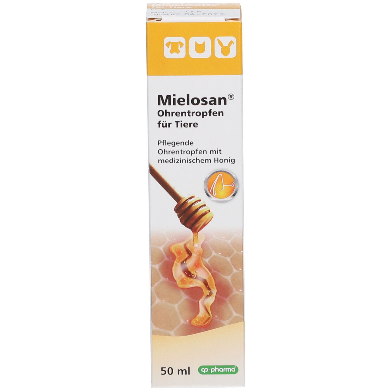 Produktverpackung, Karton. Aufschrift: Mielosan Ohrentropfen für Tiere. Honig-Illustration.