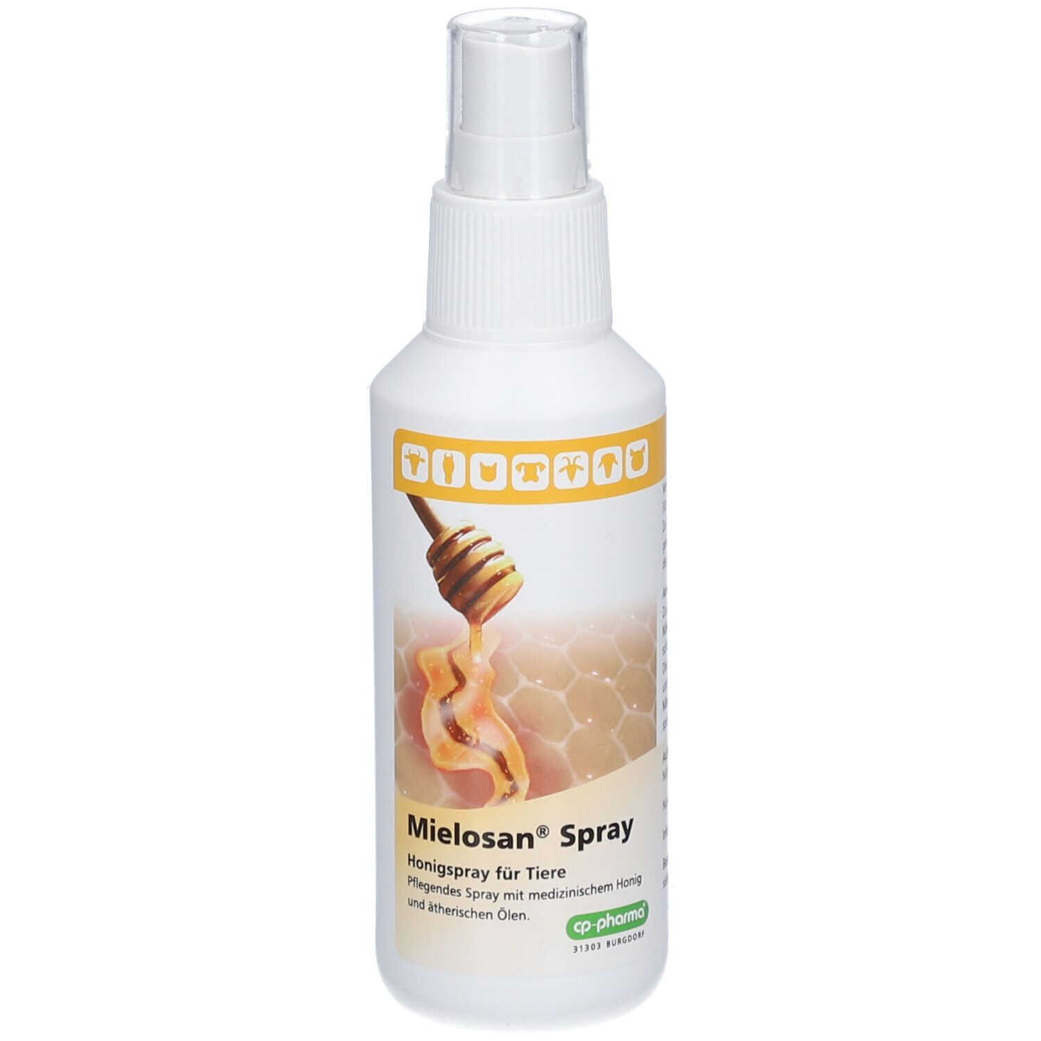 Rückseite einer weißen Sprühflasche Mielosan Spray mit gelbem Etikett und Anwendungshinweisen.