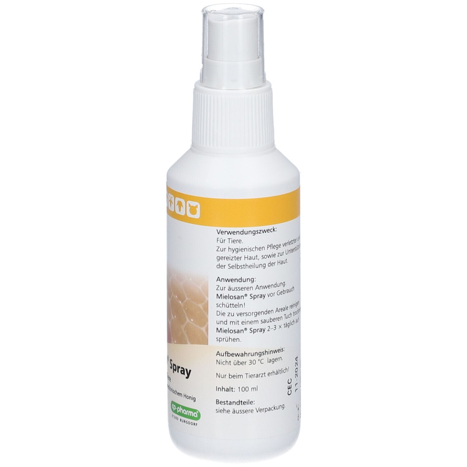 Mielosan Spray für Tiere, Rückseite der 100ml Sprühflasche.