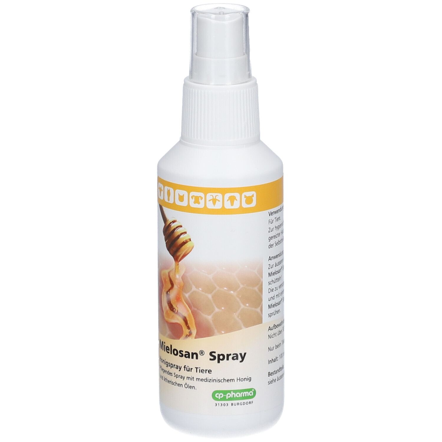 Mielosan Spray für Tiere, 100ml Sprühflasche mit Honig-Motiv.