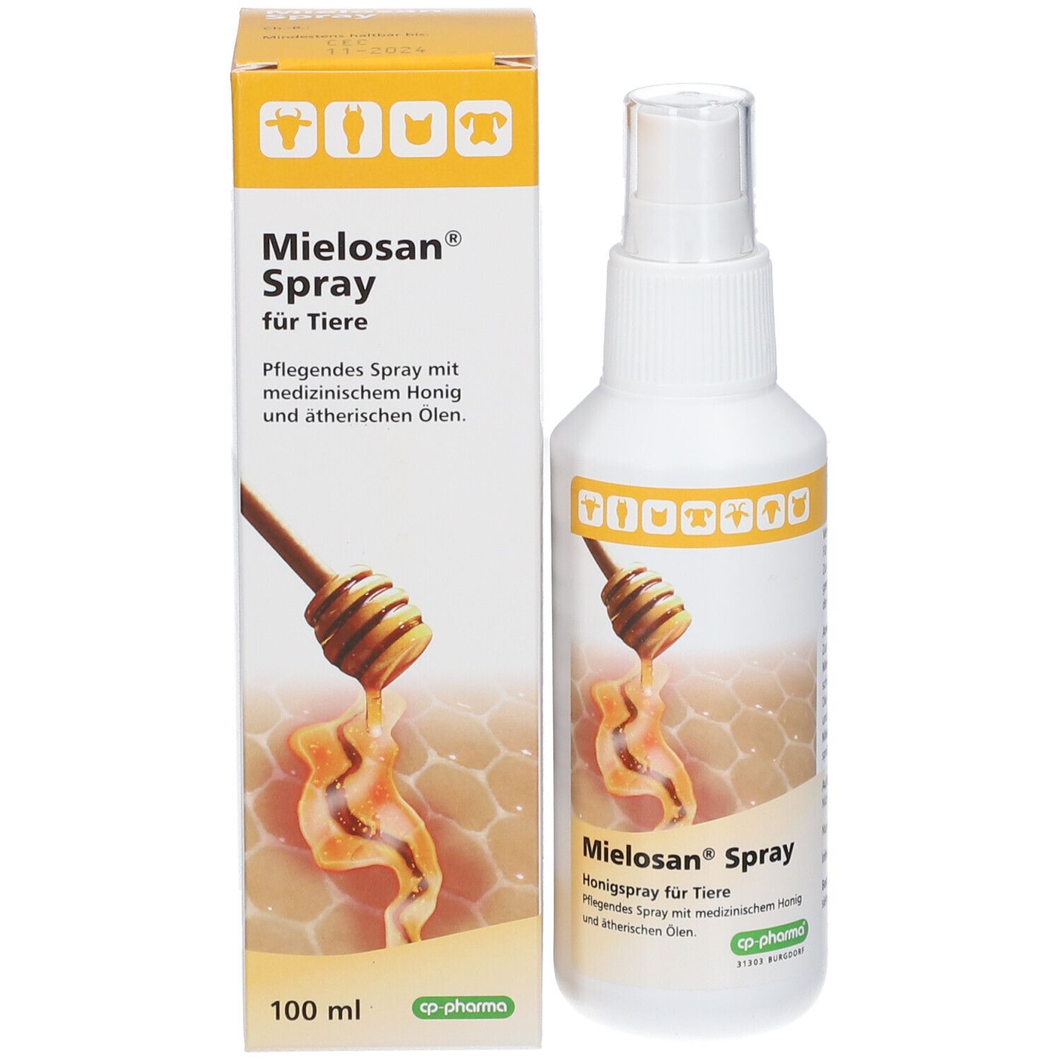 Mielosan Spray für Tiere, Seitenansicht der 100ml Sprühflasche.