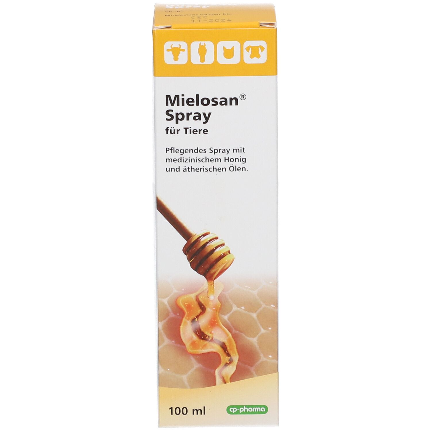 Mielosan Spray für Tiere, Schachtel mit Honig-Motiv, 100ml.