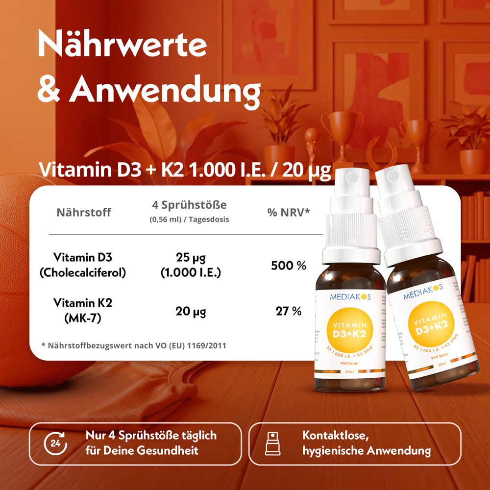 Vergleich von MEDIAKOS Vitamin D3+K2 Vital Spray mit anderen Produkten.