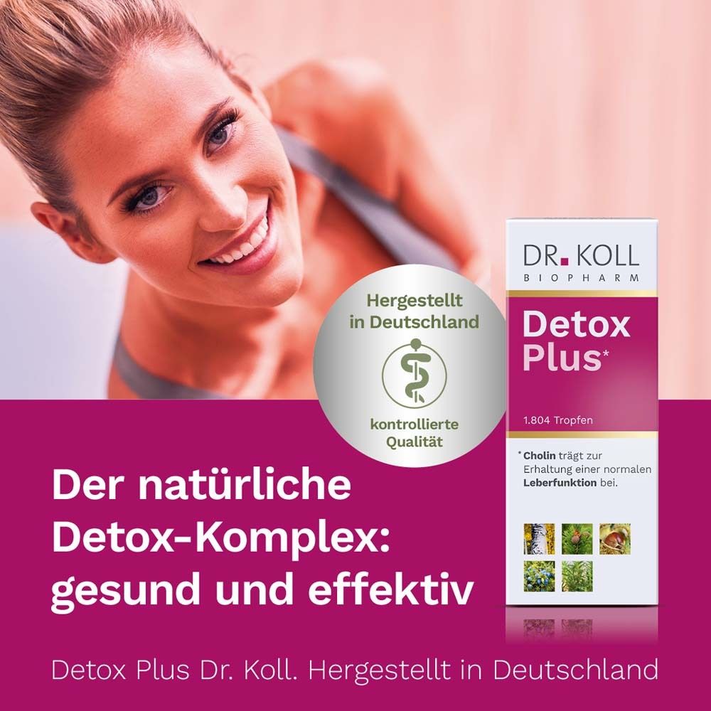 Image publicitaire avec femme. Emballage du produit à droite. Logo et nom du produit Detox Plus. Logo de certification.