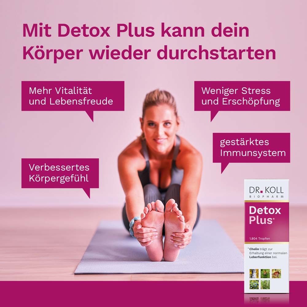 Femme sur tapis de yoga. Emballage du produit à droite. Nom du produit Detox Plus. Texte sur vitalité, stress, système immunitaire.