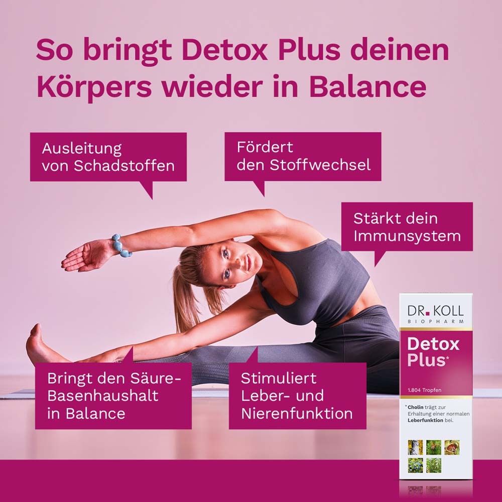 Flacon brun et emballage. Nom du produit Detox Plus. Texte sur ingrédients et utilisation. Gouttes.