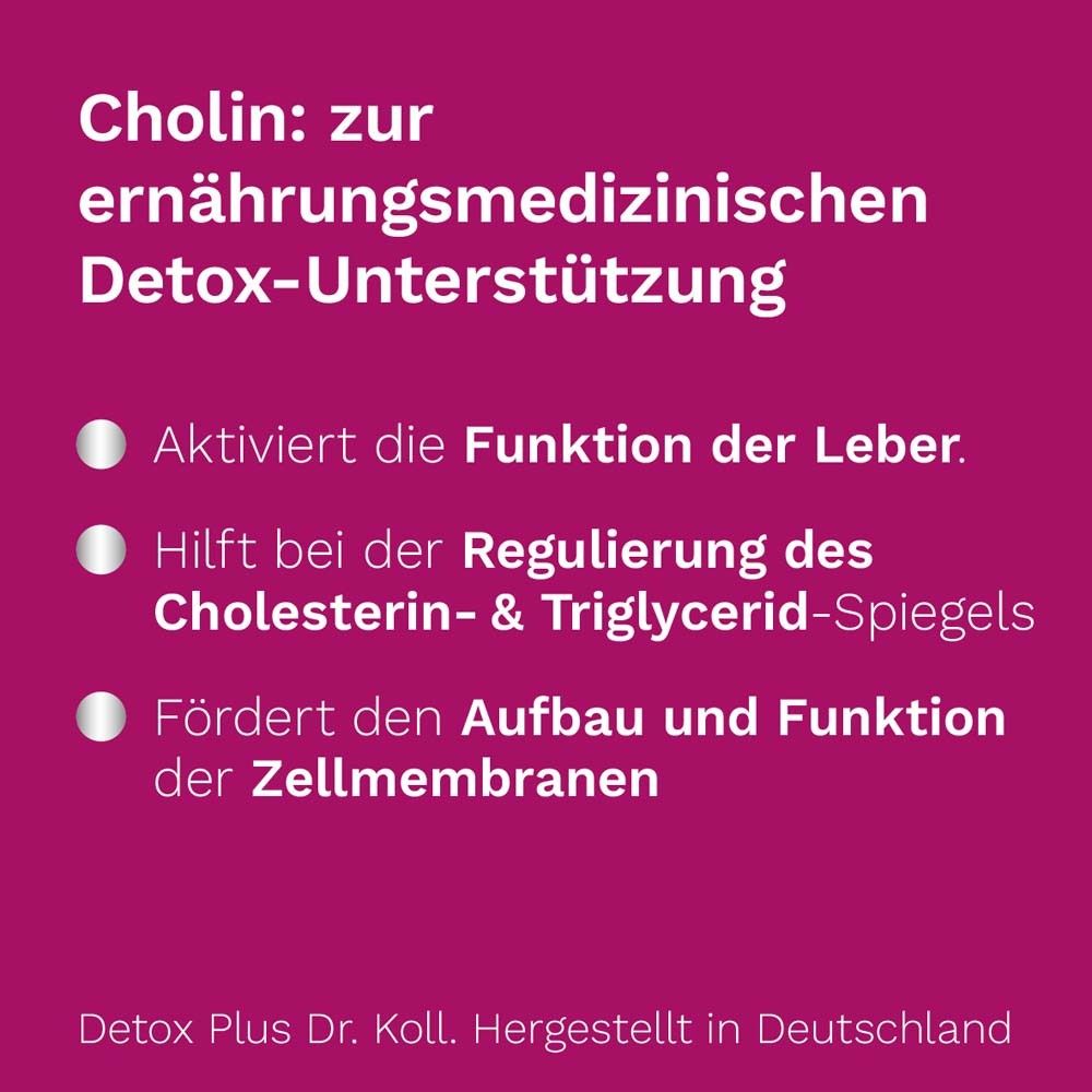 Flacon brun avec gouttes sur une cuillère. Nom du produit Detox Plus. Texte sur l'utilisation.