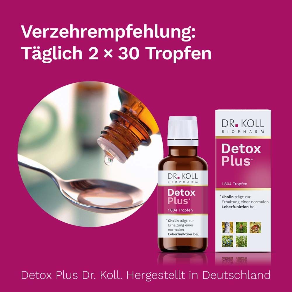 Tableau avec valeurs nutritionnelles. Contient de la choline et des extraits de plantes. Nom du produit Detox Plus.