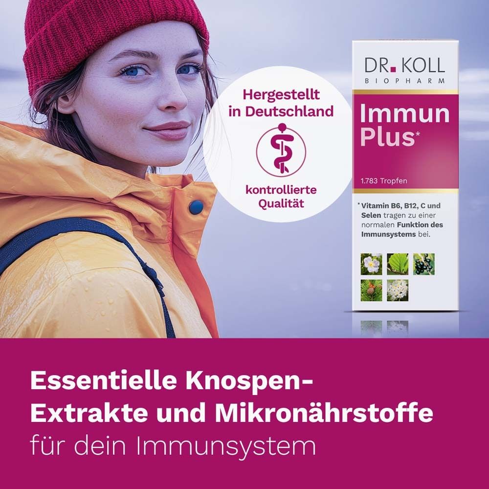 Femme avec un bonnet rouge à côté d'une boîte avec « DR. KOLL Immun Plus* ». Logo et texte. Fabriqué en Allemagne.