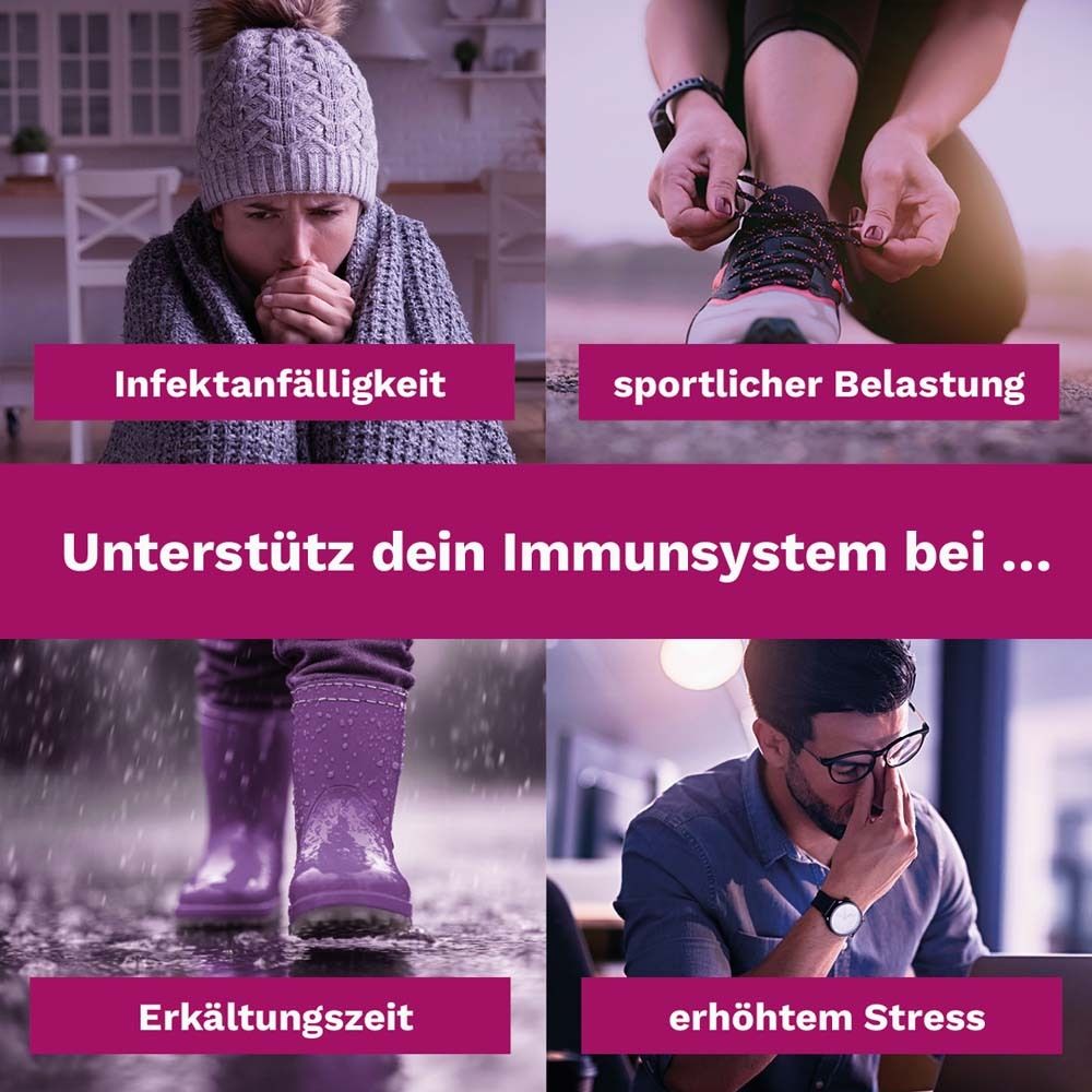 Quatre images : femme avec rhume, sportif, pluie, homme stressé. Texte : Soutient votre système immunitaire avec...