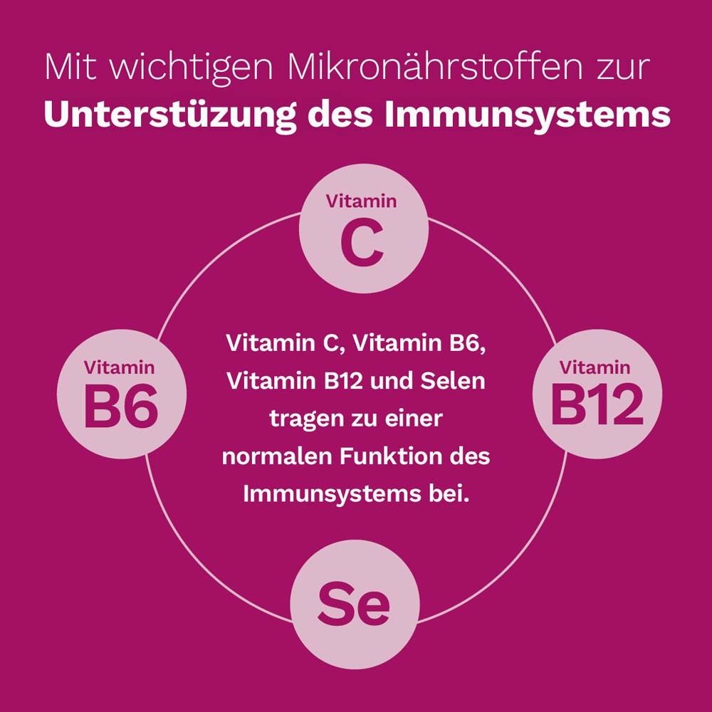 Représentation circulaire avec des vitamines. Texte : Avec des micronutriments importants pour soutenir le système immunitaire.