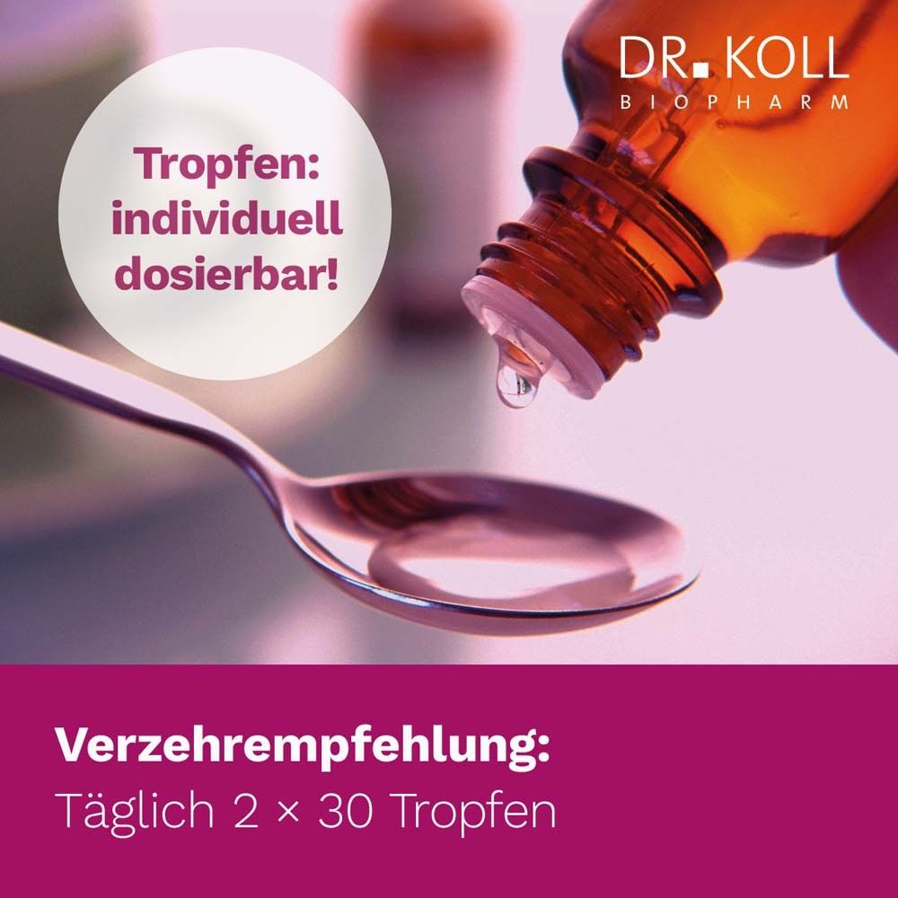 Cuillère avec gouttes. Texte : Gouttes : dosage individuel ! Recommandation de consommation : 2 x 30 gouttes par jour.