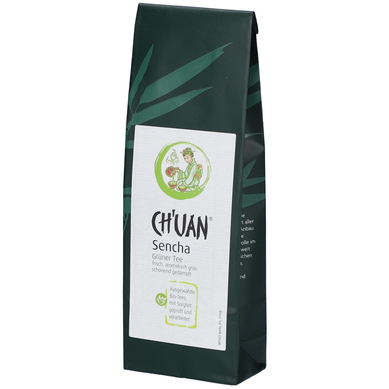 Emballage vert foncé avec étiquette blanche. Inscription: CH'UAN Sencha Thé vert. Label bio.
