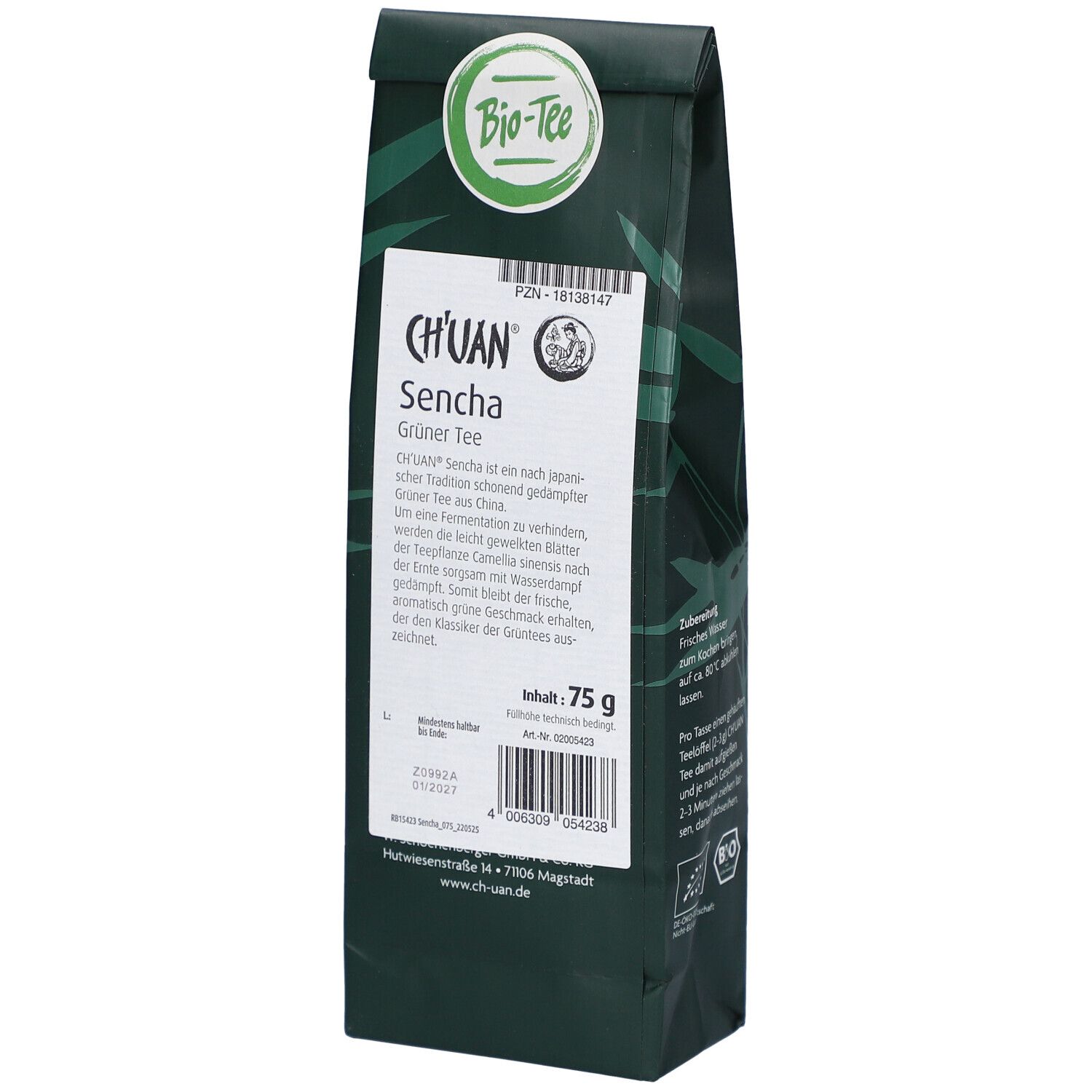 Emballage vert foncé avec étiquette blanche. Inscription: CH'UAN Sencha Thé vert. Contenu: 75 g. Label bio.