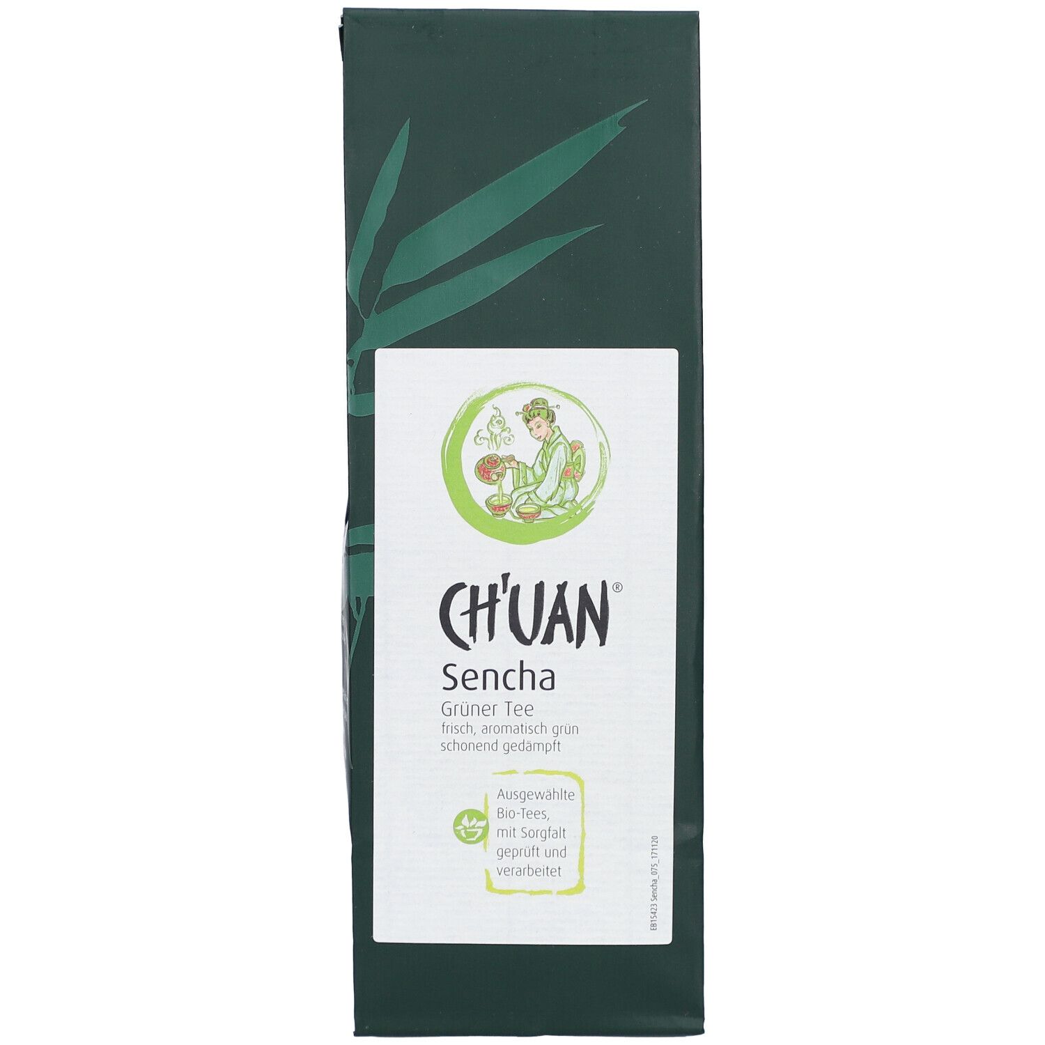 Emballage vert foncé avec étiquette blanche. Inscription: CH'UAN Sencha Thé vert. Label bio.
