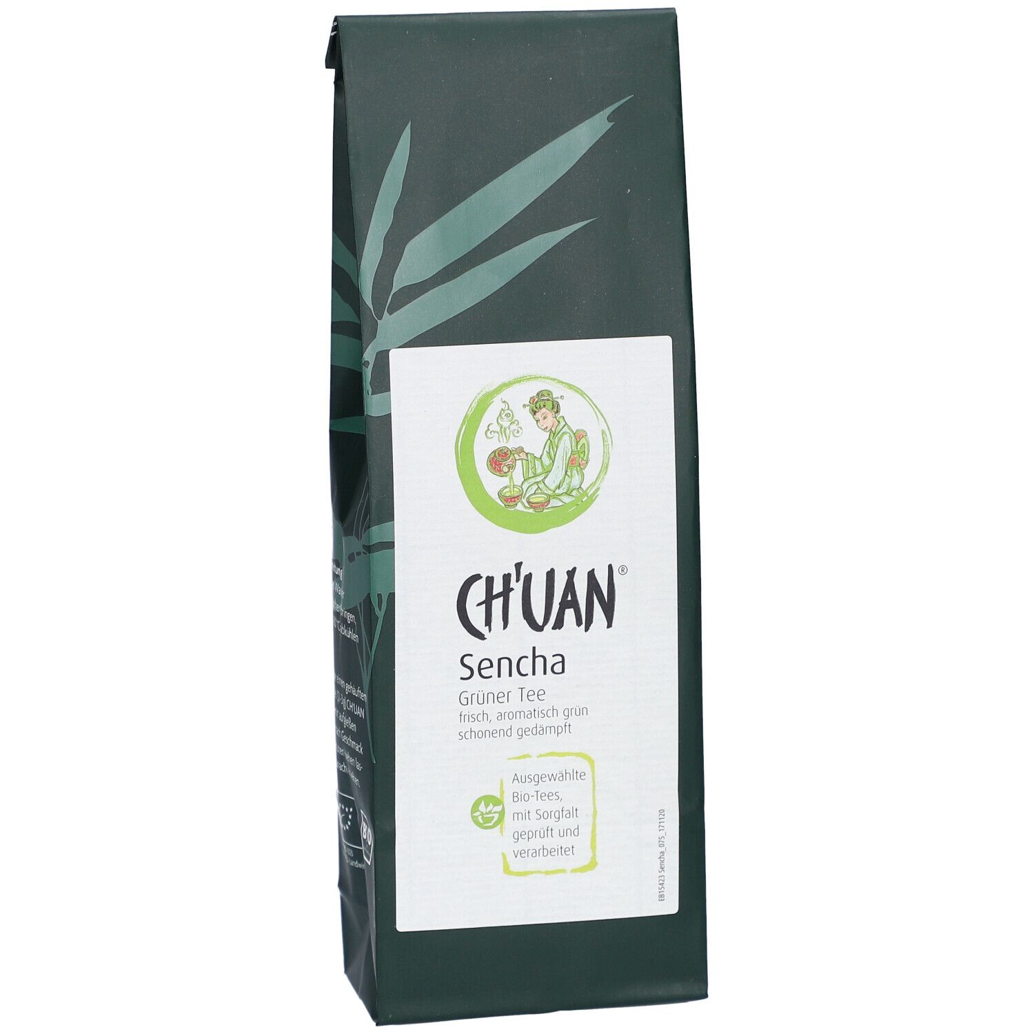 Emballage vert foncé avec étiquette blanche. Inscription: CH'UAN Sencha Thé vert. Label bio.
