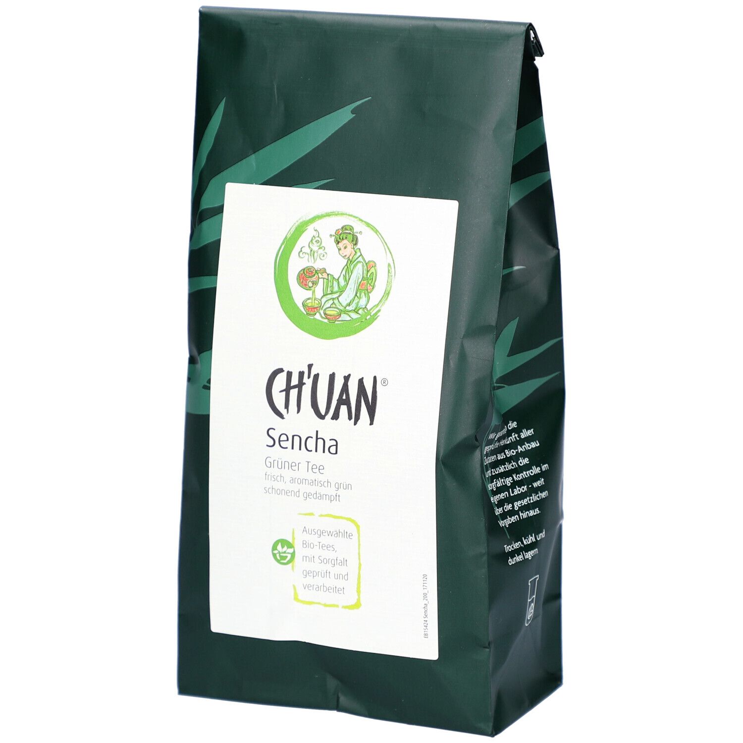 Thé vert dans un emballage vert foncé avec une étiquette blanche. Logo avec le lettrage CH'UAN et Sencha.