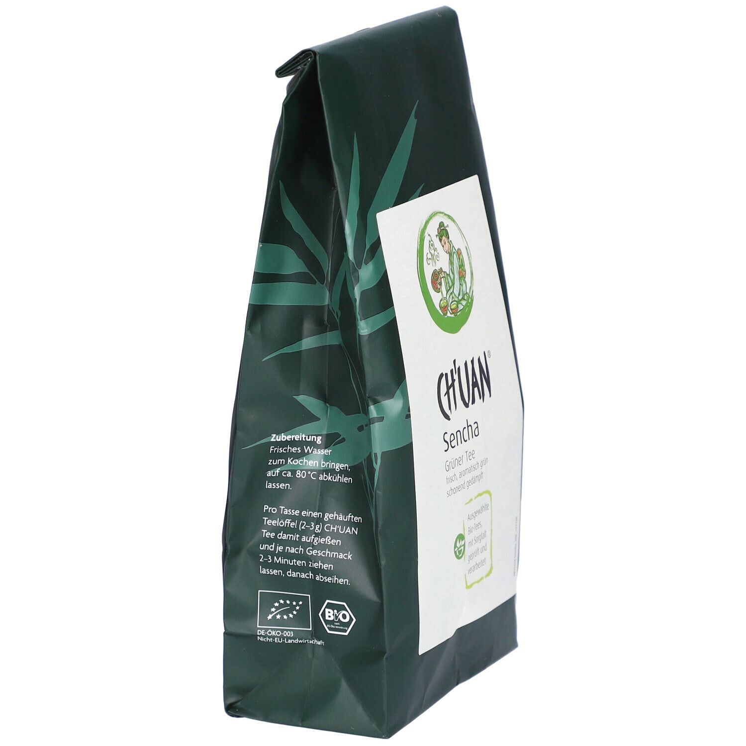 Emballage vert foncé avec une étiquette blanche. Logo avec le lettrage CH'UAN et Sencha. Vue latérale.