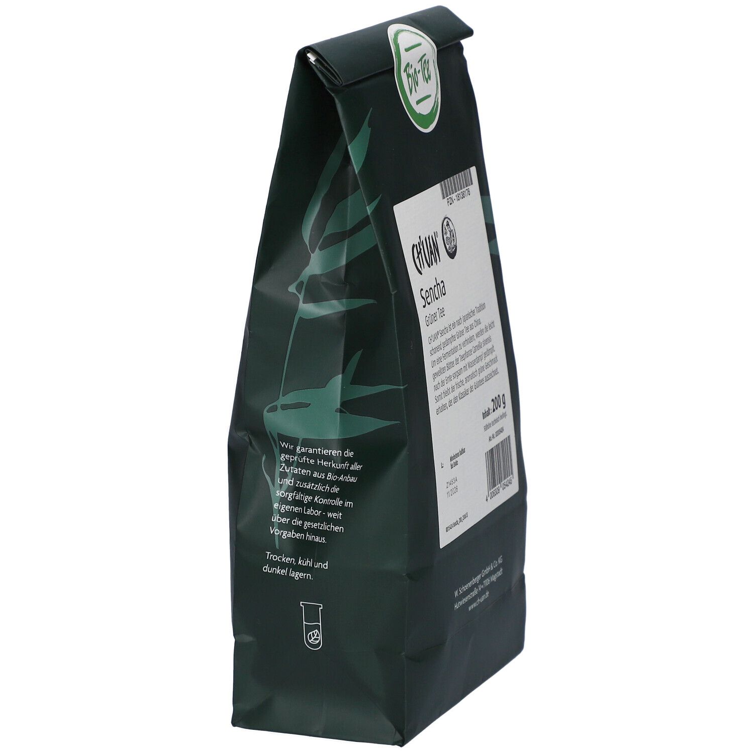 Emballage vert foncé avec une étiquette blanche. Logo avec le lettrage CH'UAN et Sencha. Vue arrière.