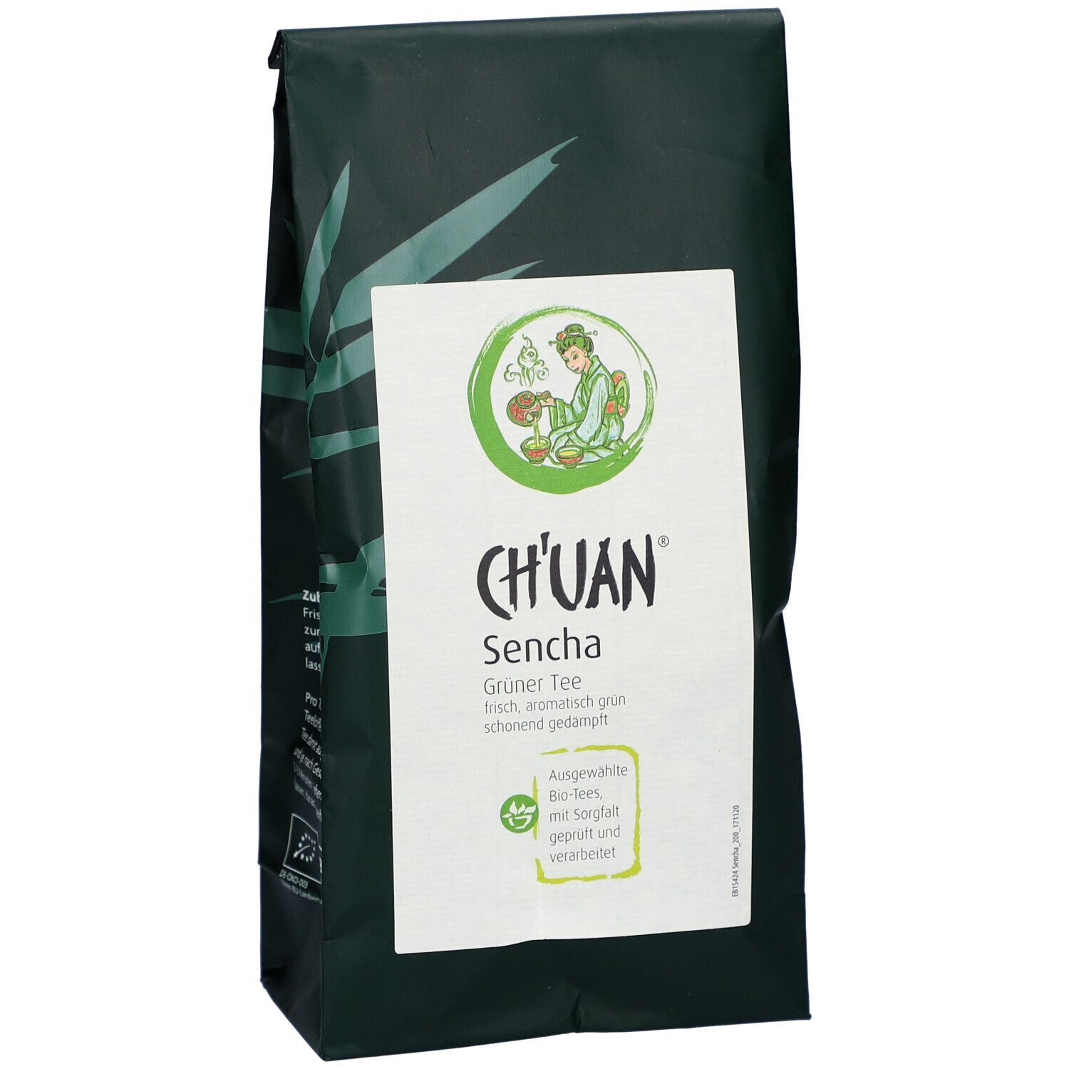 Thé vert dans un emballage vert foncé avec une étiquette blanche. Logo avec le lettrage CH'UAN et Sencha.