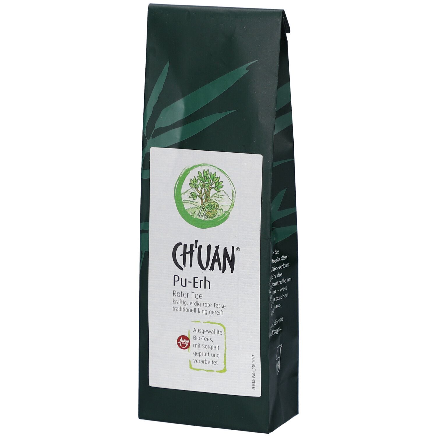 Dunkelgrüne Verpackung mit weißem Etikett. Aufschrift: CH'UAN Pu-Erh-Tee. Bio-Siegel. Bambus-Dekor.