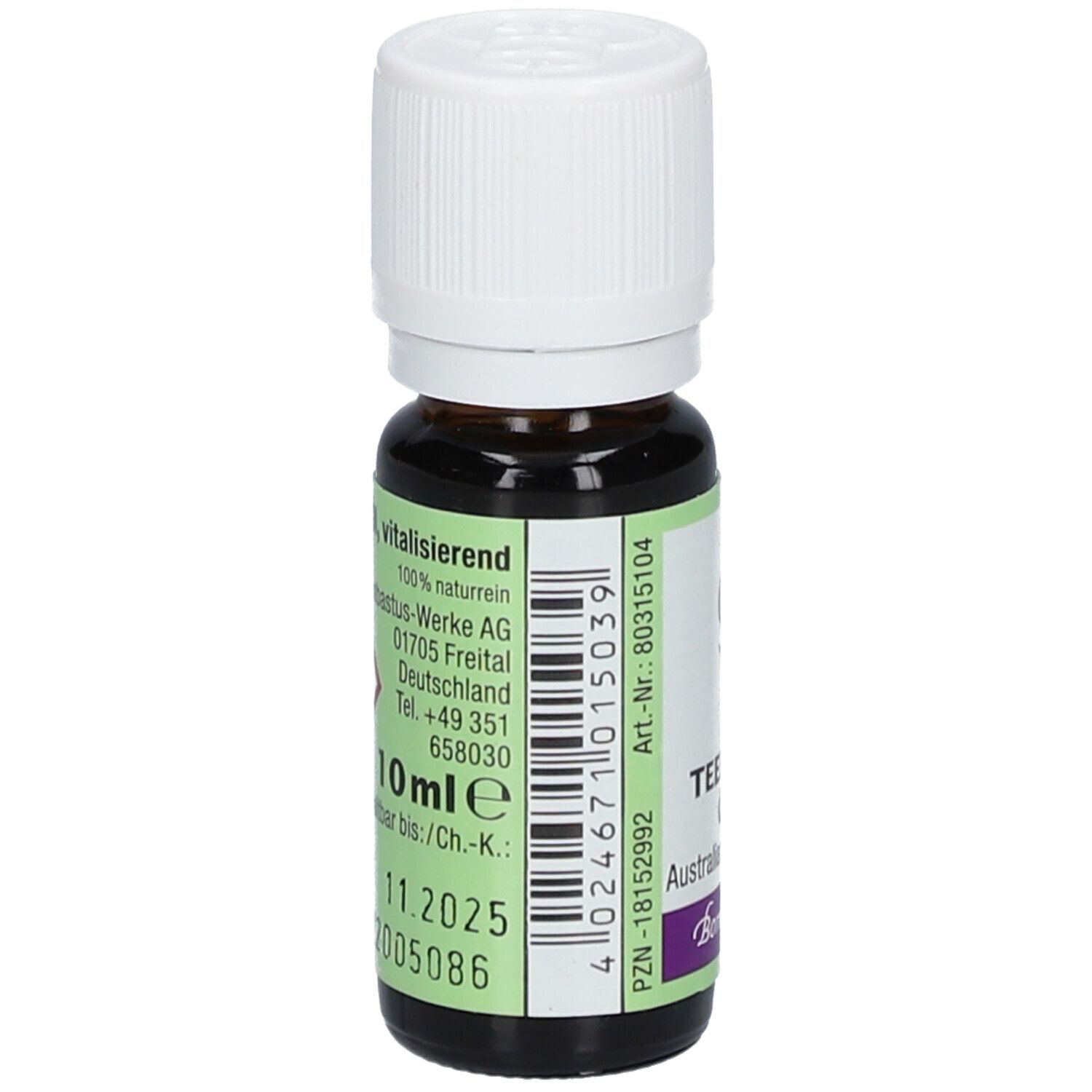Braune Glasflasche mit weißem Deckel. Etikett mit Produktinformationen, 10ml, Haltbarkeit. Marke: Bombastus.