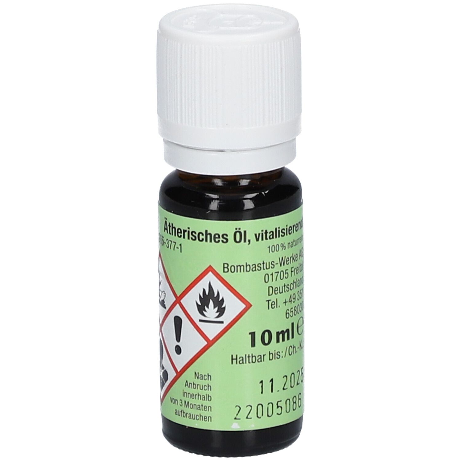 Braune Glasflasche mit weißem Deckel. Etikett mit Produktinformationen, 10ml, Gefahrensymbolen. Marke: Bombastus.