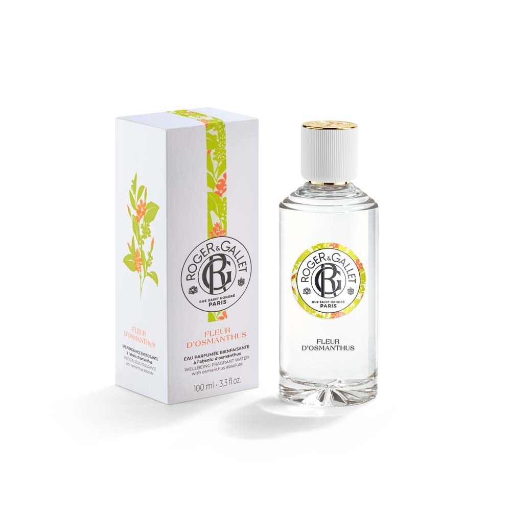 Flacon et emballage du produit. Emballage avec logo et nom du produit: Fleur d'Osmanthus. 100 ml.
