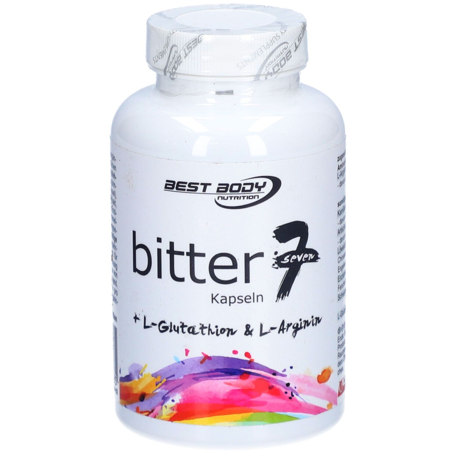Weiße Flasche mit Kapseln. Aufschrift: Best Body Nutrition, bitter Seven Kapseln, L-Glutathion & L-Arginin.