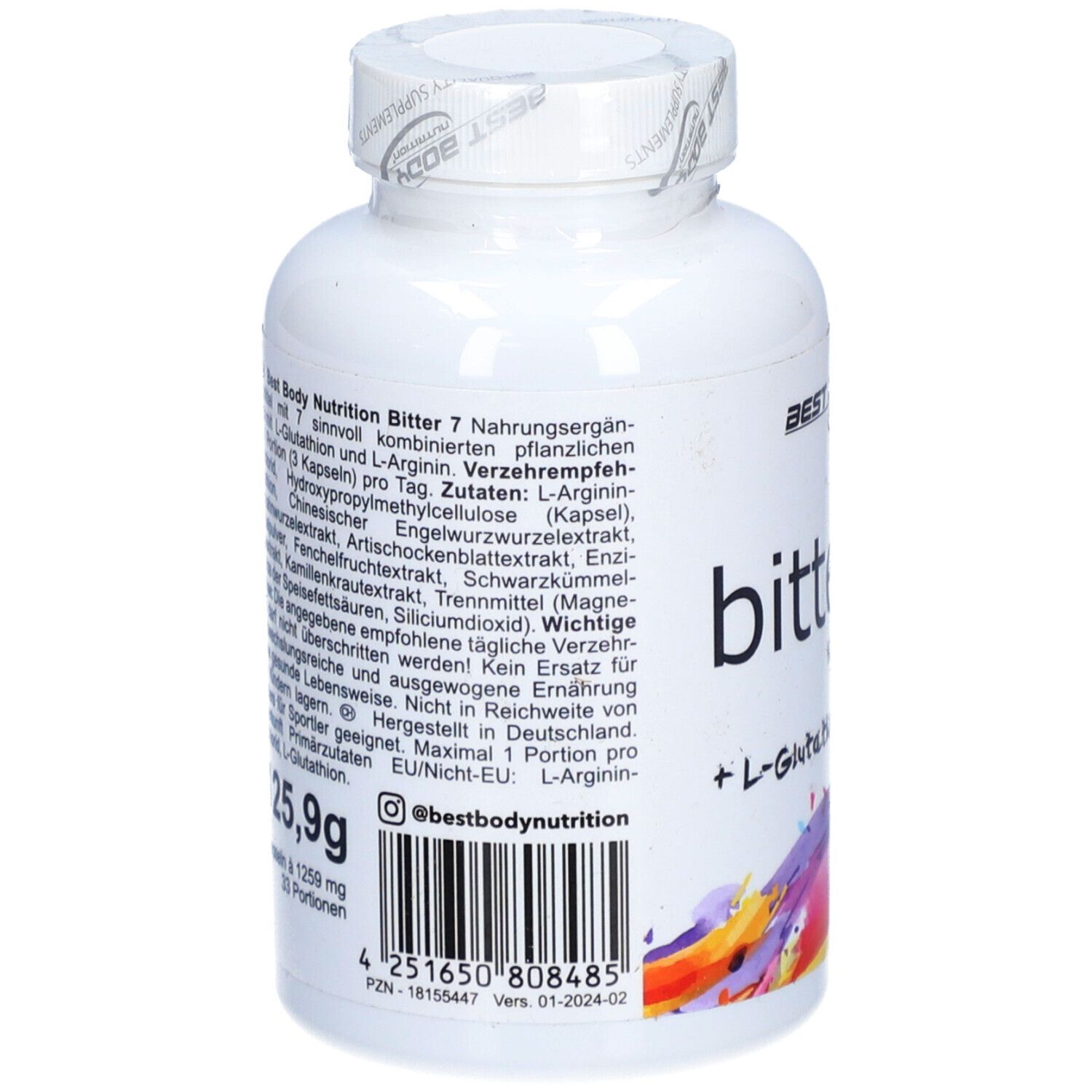 Rückseite der weißen Flasche mit Kapseln. Text: Zutaten, Verzehrempfehlung, Inhaltsstoffe, Herstellerinformationen, Barcode.