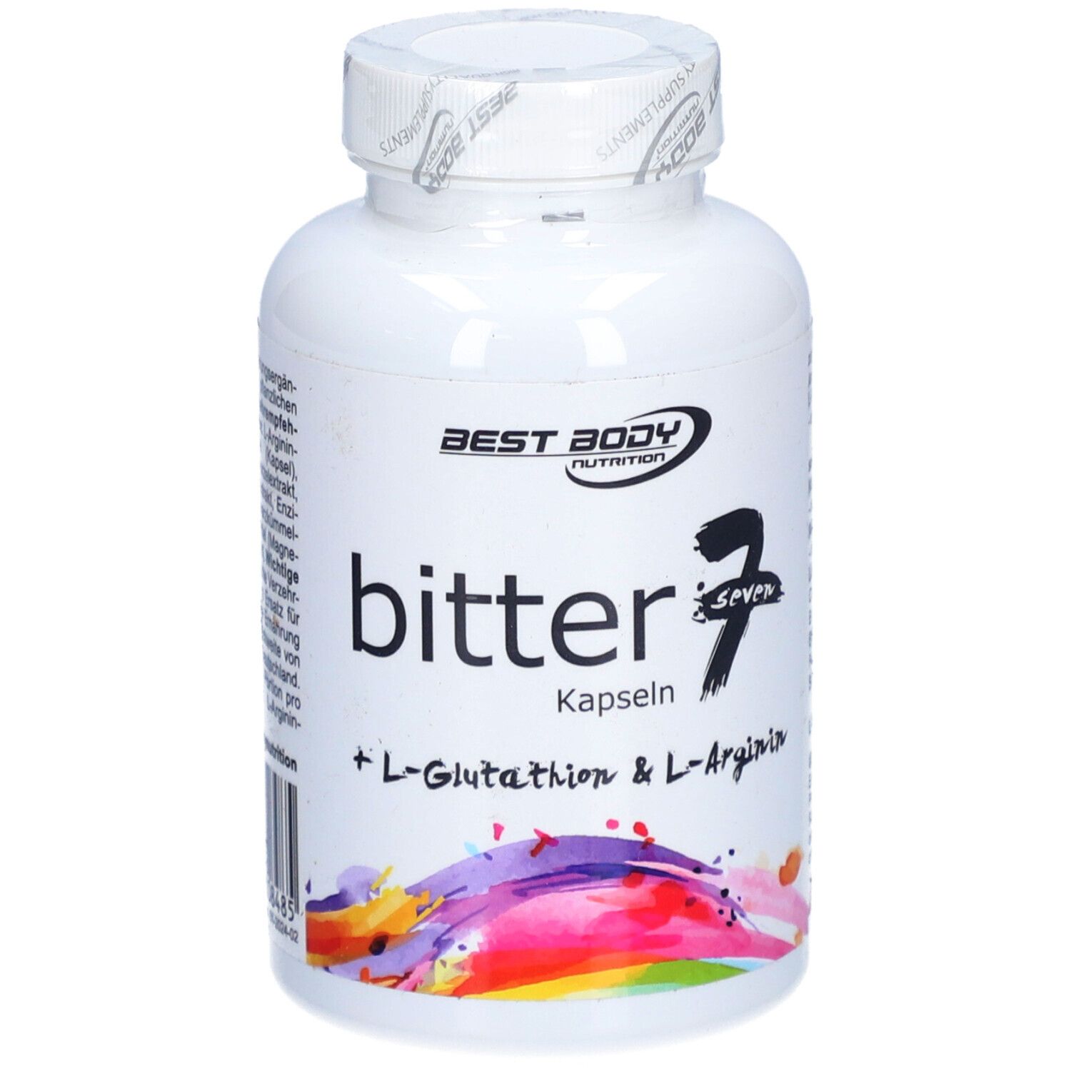 Weiße Flasche mit Kapseln. Aufschrift: Best Body Nutrition, bitter Seven Kapseln, L-Glutathion & L-Arginin.